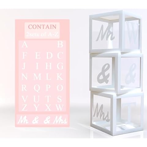 ximoogoooz Transparent Wedding Balloon Boxes 3PCS White Mr and Mrs Balloon Boxes with 56 Letters for Custom Name Balloon Box Backdrop for Wedding Bridal Shower Engagement Anniversary Party Supplies Cover