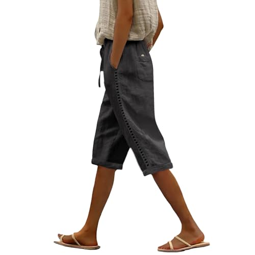 Geleglaer Women's Cotton Linen Shorts Side Hollow Out Knee Length Pants 2025 Summer Drawstring Bermuda Shorts with Pockets