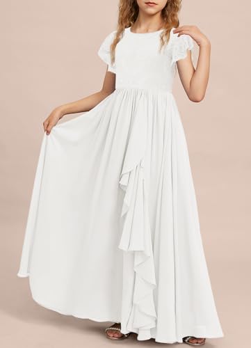MITILLY Girls Lace Flower Maxi Dress Ruffle Sleeve A-Line Flowy Junior Bridesmaid Chiffon Dresses for Wedding Party4