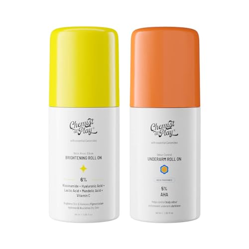 Image of Chemist at Play Neck, Knee & Elbow Brightening Roll On 6% Vitamin C+ Hyaluronic Acid + AHAs + Niacinamide + Ceramides | Under-Arm Roll-On, 5% Lactic Acid & 1% Mandelic Acid, Aqua Fragrance |40ml Each