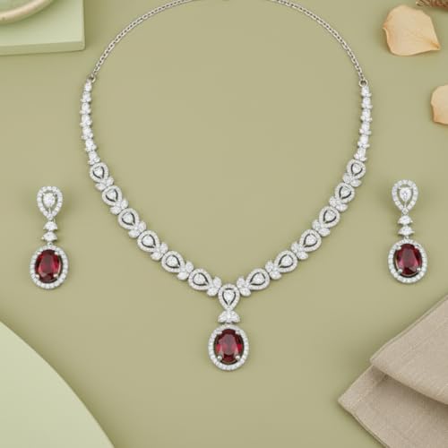 Image of American Diamond Necklace Set | CZ Stones, Rhodium-Plated Finish | Bridal Jewelry with Earrings for Weddings, Parties & Festivals