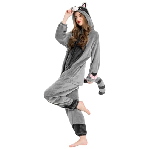 OLAOLA Onesies für Erwachsene Unisex Neuheit Pyjamas Waschbär Kostüm für Halloween Soft Comfy Homewear Nachtwäsche Einteiler Schlafanzug Cosplay Loungewear