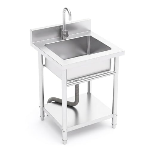 Image of 20 inch Stainless Steel Utility Sink, Freestanding Laundry Sink Single Bowl | Durable stainless steel wash sink with spacious basin, ideal for garage, laundry room, basement, workshop, garden and outdoor