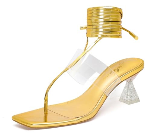 Heels for Women Square Open Toe Lace Up Thong Strappy Heel Sandals Sexy Tie Up Clear Chunky Heeled Sandals for Party Wedding