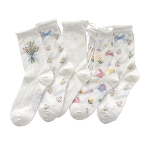 Image of 5 Pairs White Cute Socks, Women's Lace Ruffles Ankle Casual Sock, Cottagecore Breathable Socks, Floral Crew Socks
