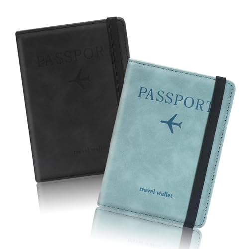 kinoco RFID Blocking Passport Holder Wallet (2 Pack) - PU Leather Travel Document Organizer with Card Slots | Men & Women Travel Accessories | Black & Blue Set