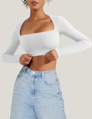 VOYJOY Women's Square Neck Crop Top Workout Tops Long Sleeve Shirts Cropped T Shirts Women Cute Top2