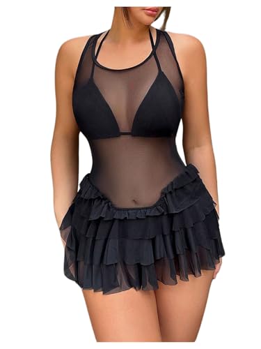MakeMeChic Women's Bathing Suit Cover Up Sleeveless Mesh Sheer Tiered Ruffle Dress Beach Cover Ups