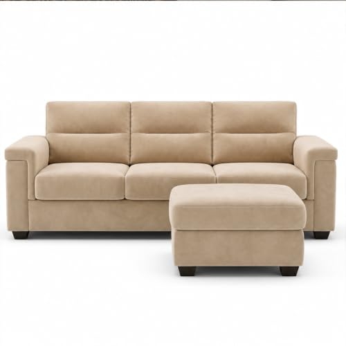 Image of FURNY Parker 3 Seater Sofa Set with Ottoman | Premium Suede Velvet Fabric Finish | Durable Comfort Sofa for Modern Living Room & Office Spaces (Beige)