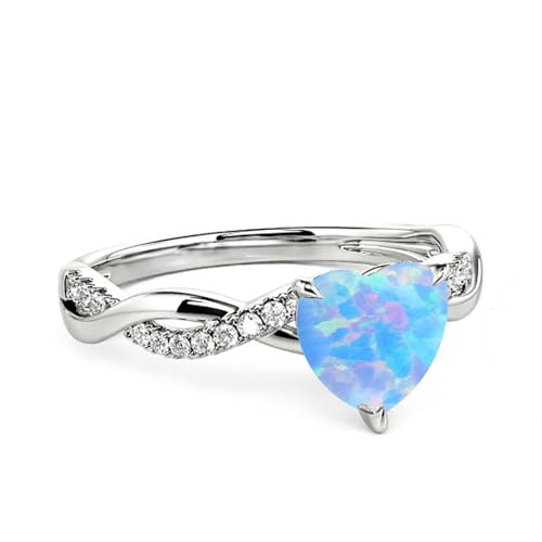 925 Sterling Silver Blue Opal Ring Heart Opal Engagement Rings for Women Opal Promise Ring Opal Gemstone Oval Sunburst Halo Ring for Women Birthstone Anniversary Ring Size 5 to 92