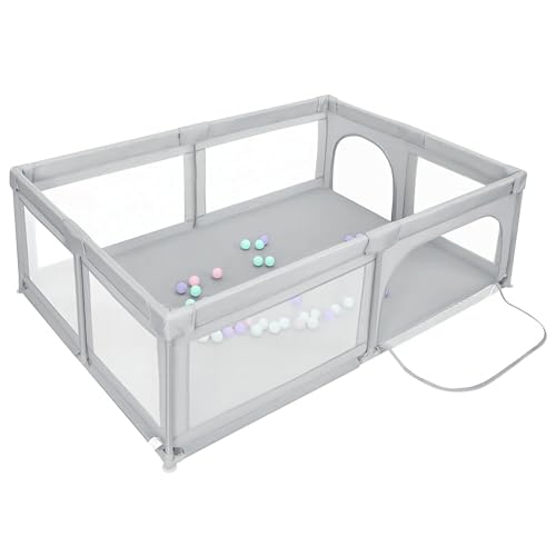 XUANYU - Parque infantil de tela Oxford, centro de actividades para bebé, con barreras y 50 pequeñas bolas, parque infantil para interiores/exteriores (gris claro 205 x 147 x 66 cm)