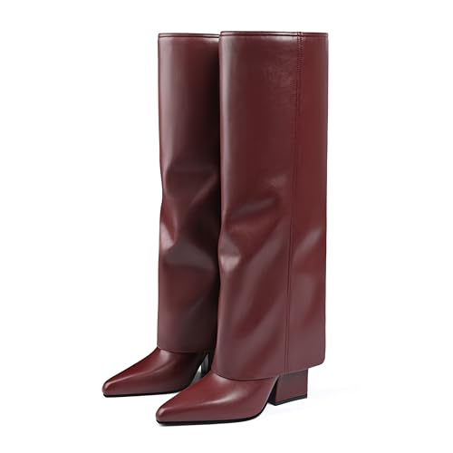 Vaslemuse Knee High Boots for Women Fold Over Pointed Toe Shark Tall Boots Block Low Heel Long Boots with Side Zipper