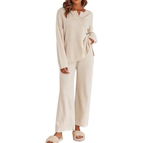 Ekouaer Pajama Set for Women 2 Piece Winter Matching Outfits Soft Knit Loungewear Sweater Sets Ivory Cover