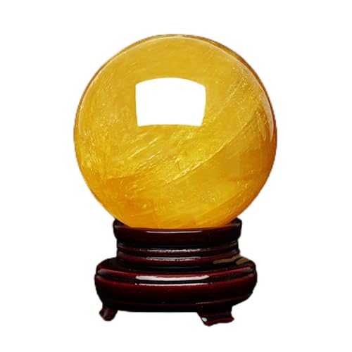 Sphère en citrine jaune 10cm, décoration de salon feng shui avec socle