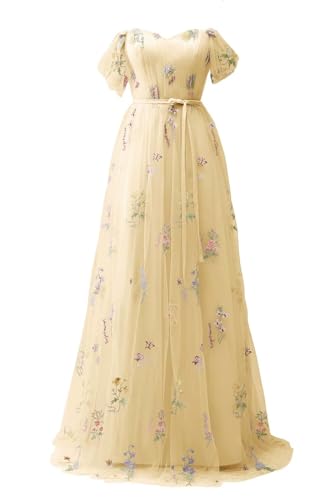 Fivsole Women's Flower Embroidery Prom Dress Tulle Off Shoulder Tea-Length Short Formal Evening Party Floral Gowns
