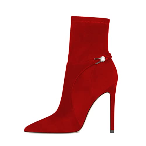 YDN Women Sexy Closed Pointed Toe Stretchy Suede Mid Calf Ankle Boots Stiletto High Heel Pearl Buckled Booties Formal Outfit Shoes Size 4-15 US