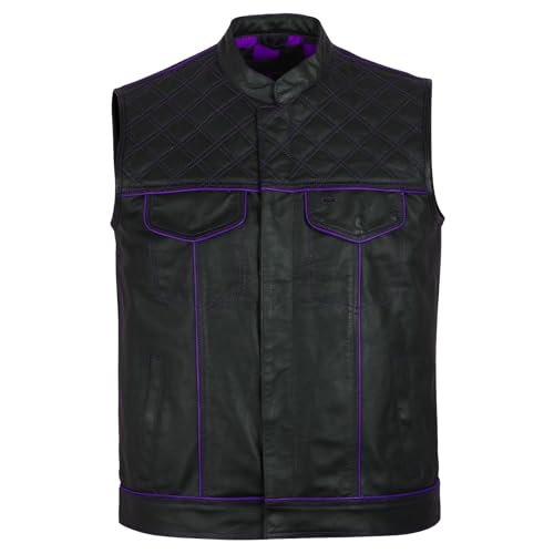 Lishow Fashion .Men's Biker Rider Motorcycle club Motorbike stylish Genuine leather sleeveless vest (US, Alpha, XX-Large, Regular, Regular, Black & Purple)