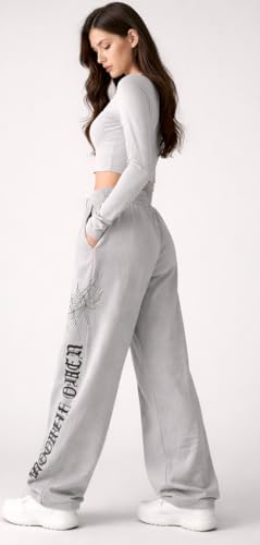 Image of CRAMPLEWomen's Graphic Print Wide Leg Sweatpants, Elastic Waist with Drawstring, Casual Streetwear Joggers