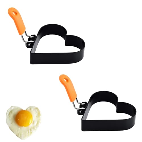 Lot de 2 moules à œufs au plat - Moule à pancake - Moule à œufs au plat - En forme de cœur - Avec poignées pliantes - En acier inoxydable - Pour poêle à œufs, poêle à œufs au plat, poêle à pancake