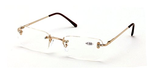 V.W.E. Clear Bifocal Rimless Rectangle Reader Reading glasses - Comfortable Stylish Simple Readers (Gold, 1.50)