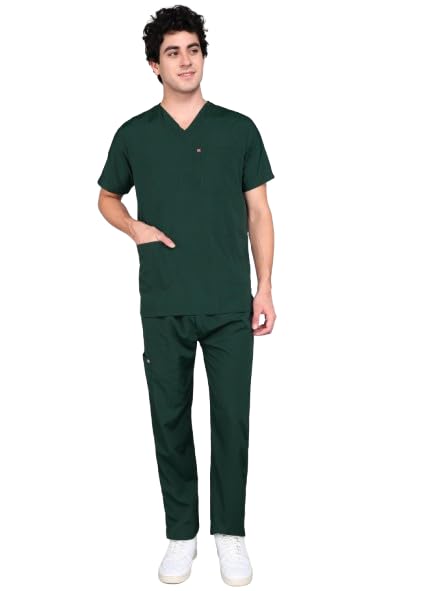 - VastraMedwear Men's 6-Pocket Scrub Suit | Set of Top & Bottom | Half Sleeves | V Neck | Breathable Fabric | Comfortable Durable | Uniform for Doctors, Nurses and Dentists | (Green) - L