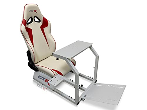 GTR Simulator GTA-S-S105LWHTRD GTA Model Silver Frame with White/Red Real Racing Seat, Driving Simulator Cockpit Gaming Chair with Gear Shifter Mount