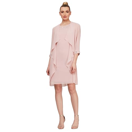 S.L. Fashions Women's Chiffon Tier Jacket Dress Neck, Beaded Faded Rose, 10