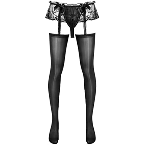 Mufeng Mens Fishnet Stockings Sheer Lace Tights Hollow Floral Suspender Pantyhose Sissy Nightwear Black A One Size Cover