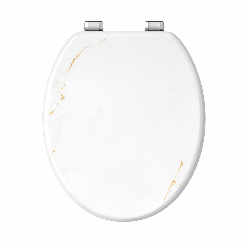 18" MDF Toilet Seat Universal Adjustable Fit Most Toilets Oval Seat┃Bathroom Standard Wooden MDF Toilet Seat | WC SEAT +Fittings (Gold Vein Marble Pattern)