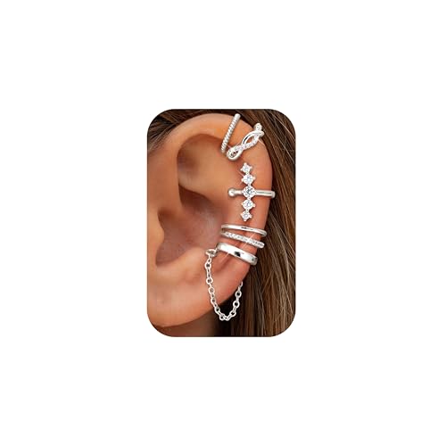 Dochais 5 Pièces Ear Cuff Argent pour Femme Faux Piercing Oreille Boucle Oreille Sans Trou Manchette Oreille Femme Réglables Non Piercing Cartilage Clip...