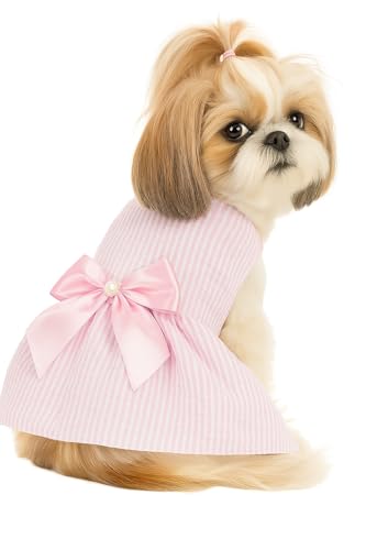 Image of KUTKUT Small Dog Dress Girl Puppy Clothes Female Princess Tutu Striped Skirt Summer Shirt For Shihtzu, Maltese Cat Pet Apparel Outfits (Size: L, Chest: 45Cm, Length: 35Cm), Pink