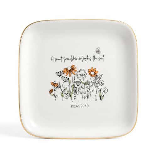 Yanluxr Friendship Gift for Women, Christian Bible Verse Jewelry Dish Trinket Tray-A Sweet Friendship Refreshes the Soul-Proverbs 27:9, Square Ceramic Jewelry Dish Gift for Sister BFF