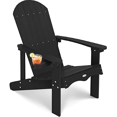 Y&M Adirondack Chair, Black Fire Pit Chairs, Outdoor Patio Chairs with Cup Holder, Weather Resistant HDPE Wooden Textured Patio Chairs, Perfect for Garden, Lawn, Deck, or Poolside