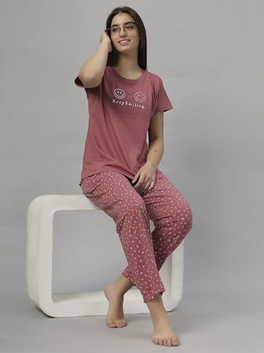 Image of DZZO Women's Cotton Printed Night Suit Set of T-Shirt & Pyjama, Night wear Dress, Relaxed wear for Women /Girls