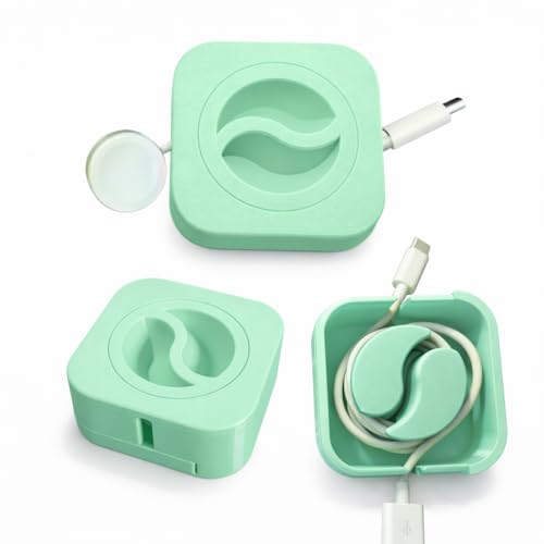 Image of Cable Winder Box Retractable Charging Cable Case USB Organizer Box | Portable Cable Winder Reel Spool Wrap Holder | Travel Desk Cord Management Storage Tangle Free (Mint Green)