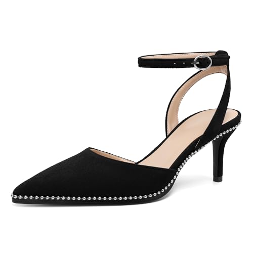 Image of SAMMITOP Kitten Heels for Women Low Heel Closed Toe Ankle Strap Pumps Wedding Party Beaded Dress Shoes 2.4 Inch