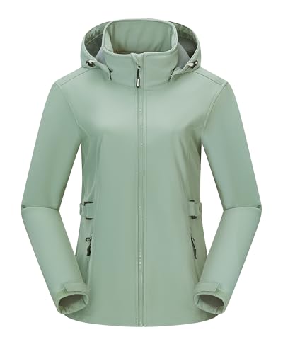Outdoor Ventures Chaqueta softshell para mujer, chaqueta corta con forro, chaqueta funcional impermeable, con capucha desmontable, chubasquero para exteriores, para senderismo, correr, deportes, Verde