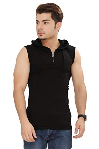 Image of Men's Solid Half Zipper Hooded Sleeveless T-Shirt