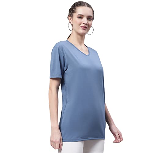 Image of Mack Jonney Women V Neck Cotton Solid Regular Fit T-Shirt-V Anthraa 001-P