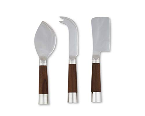 Vagabond House Modern Tribeca Collection 3 Piece Cheese Set Pewter with Teak Handles and Stainless Heads - Knife, Cleaver and Chisel - Mid Century Set 8 inch Long
