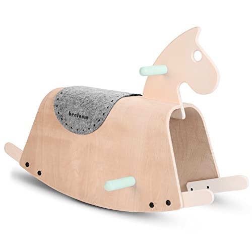 Beeloom - Cavallo a dondolo per bambini in legno naturale (disegno del cavallo a dondolo, gioco di equilibrio per bambini), 73x36x45 cm, colore verde