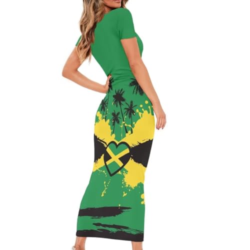 Image of Womens Short Sleeve Jamaican Flag Midi Bodycon Dress