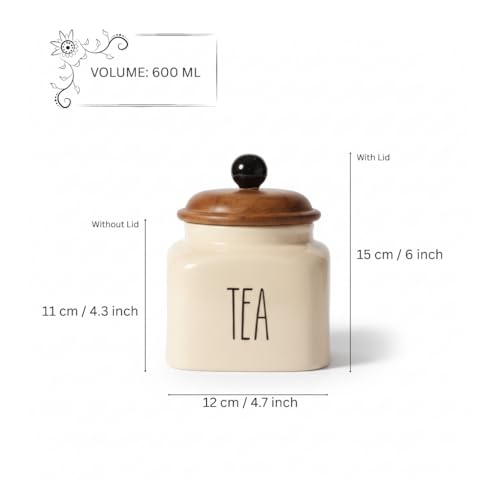 Image of Ceramic Tea Jar Container Airtight Kitchen Storage Containers with Wooden Lids - Handcrafted Ceramic Canisters for Countertop, Pantry & Home Decor - 600ml, Beige
