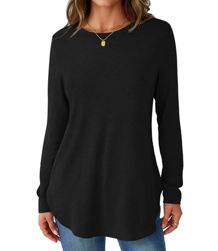NORACORA Womens Long Sleeve Shirts Loose Tunic Tops Round Neck Lightweight Side Split Casual 2025 Trendy Basic Tshirts Blouse2