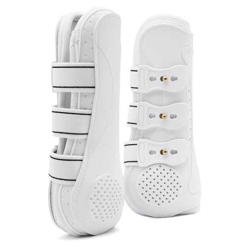 Jeffers Uniquely English Open Front Tendon Boots for Horses, Pair, Medium – Ventilated Neoprene, Shock Absorbing, Tendon Protection, Adjustable Hook Closures, Jumping, Training, Competition - White