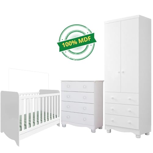 Quarto de Bebê Completo Berço Americano Ben 3 Em 1 Cômoda Júnior Simples 4 Gavetas Guarda Roupa Júni