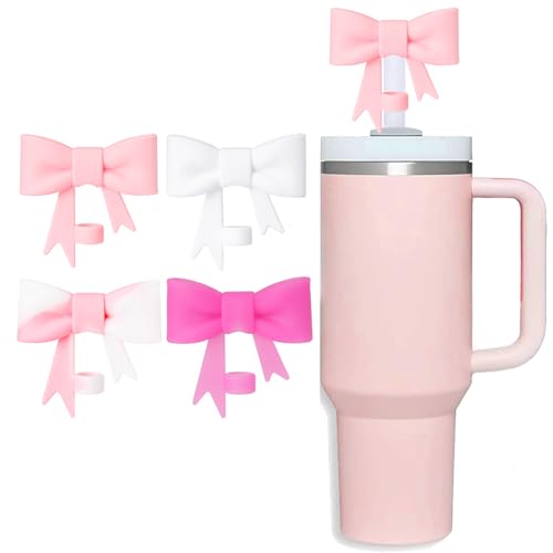 Pink Bow Straw Cover Topper for Stanley Cup,Silicone Beige Straws Toppers for Tumbler with Handle 40oz,Cute 10mm/0.4in Covers Cap,Reusable Lids for Stanleys Cups Accessories, 4Pcs