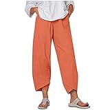 Leinenhose Damen Sommer Hose Große Größe Sommerhose Freizeithose Haremshose Pumphose Jogginghose Leichte Bequeme Strandhose Casual Stoffhose Weitem Bein Elastischer Bund Mit Taschen (Orange-A, XXXXL)
