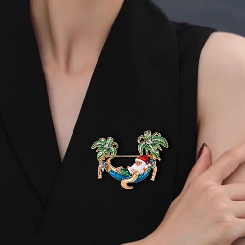Image of Santa Claus On Vacation Brooch, Christmas Brooches for Women Rhinestone Palm Tree Santa Claus Pin Cute Funny Tropical Themed Santa Brooch Christmas Jewelry Gift for Women Girls