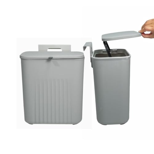 Image of Plastic Hanging Trash Can With Lid, Double-Sided Open Design, Cabinet Door Hanging Wall Storage Bucket for Kitchen (9 Litre Grey)
